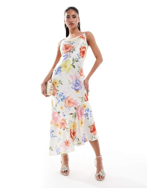 River Island - Vestito sottoveste midi in raso bianco a fiori