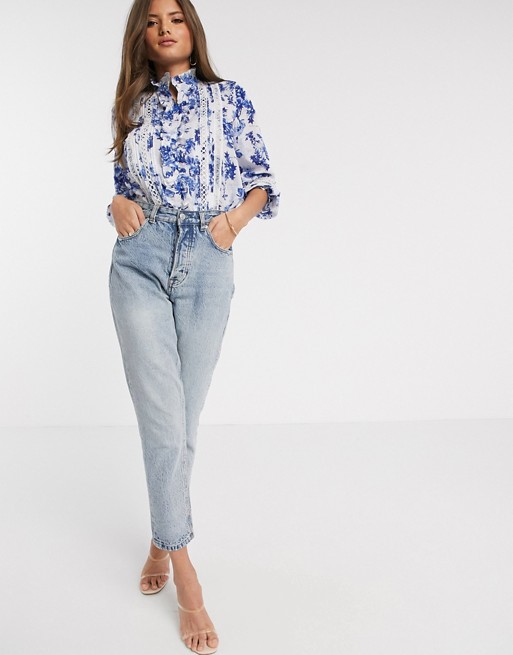 River Island victoriana floral blouse in blue