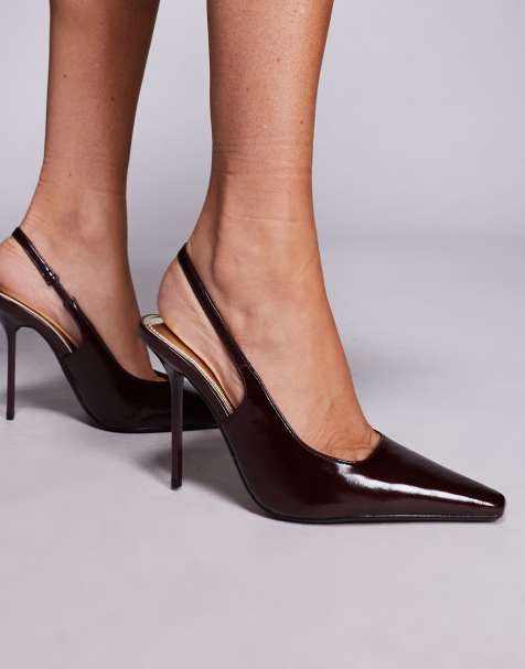River Island – Vinröda pumps med klack, kantig tå och hälrem - view 1