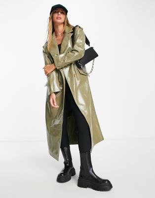 River Island vinyl coat in khaki-Green