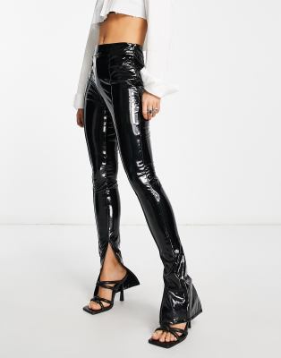 black vinyl split hem skinny trousers