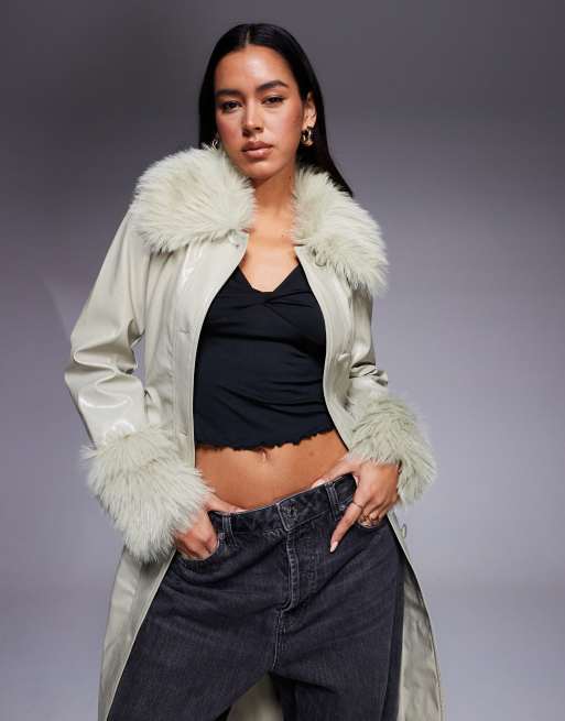 River Island vinyl trench with faux fur trims in pistachio green