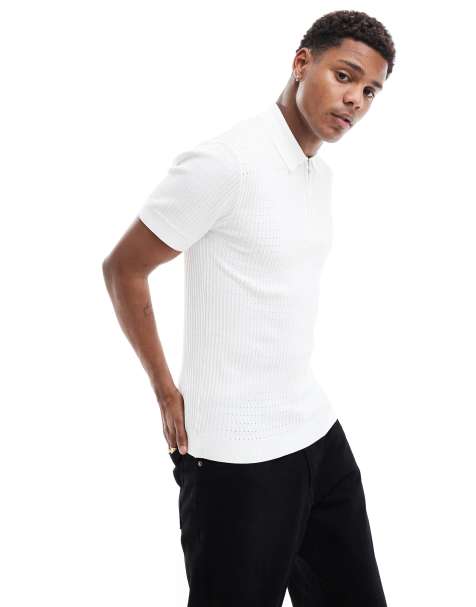 River Island – Vit, pointellestickad pikétröja i muscle fit - view 1