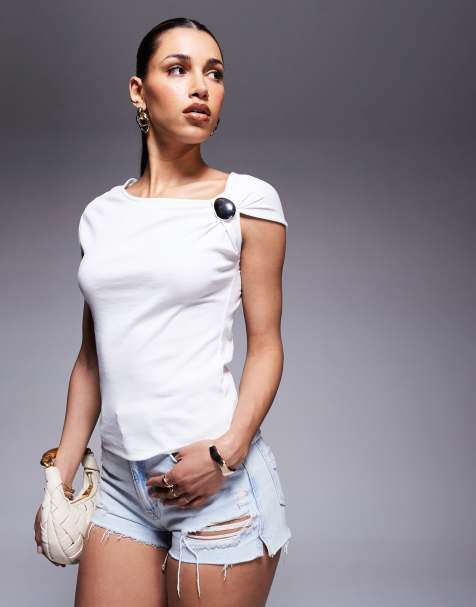 River Island – Vit t-shirt med draperade axlar - view 1