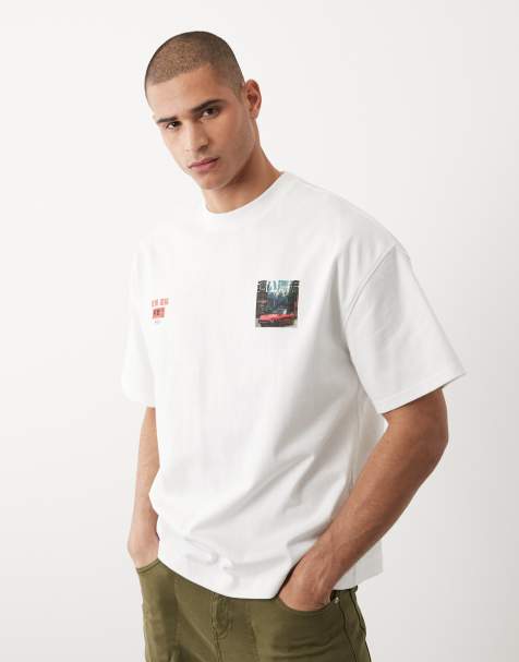 River Island – Vit t-shirt med japanskt bil- och bergstryck - view 1