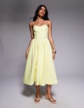 [River Island] River Island volume corset detail midi dress in butter yellow-Green 10 YELLOW
