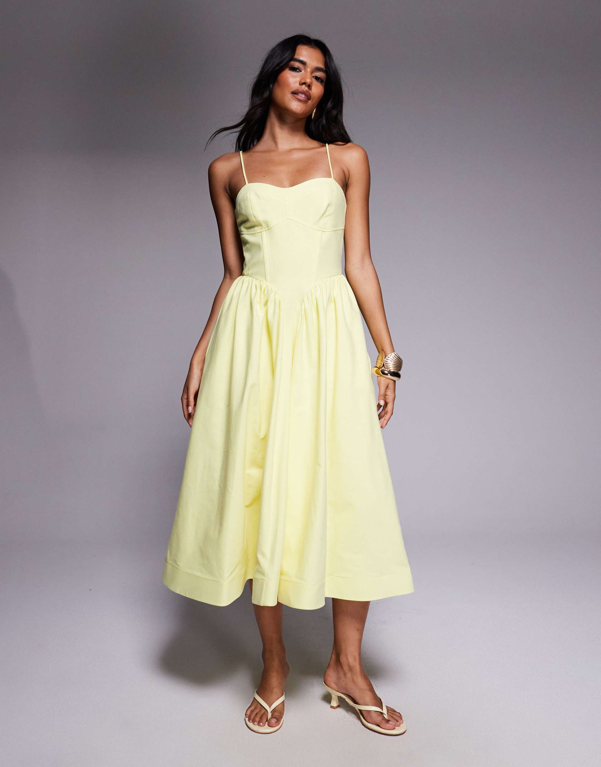 river island volume corset detail midi dress in butter yellow