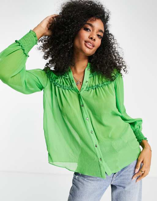 River Island volume sleeve ruffle shirt in bright green