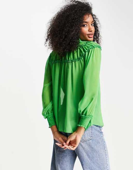 River Island volume sleeve ruffle shirt in bright green