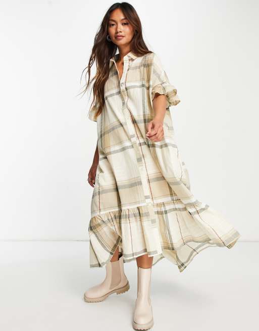 River Island - Volumineuze geruite midi-overhemdjurk met A-lijn in groen
