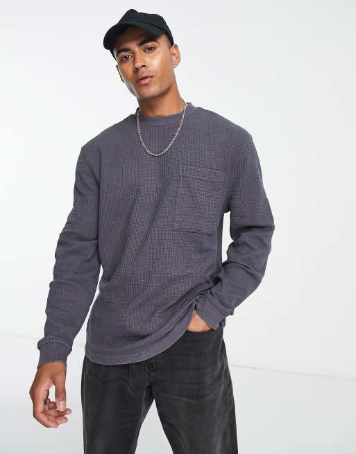 River Island waffle washed t-shirt in dark grey