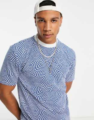 River Island warped checkerboard T-shirt in blue