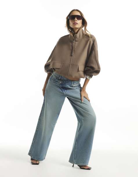 River Island Washed asymmetric fly barrel leg jeans in medium blue - view 1