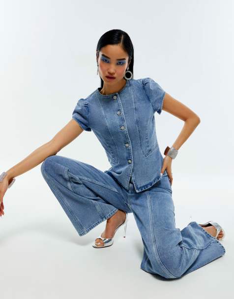 River Island Washed bling button denim top in denim - medium - view 1