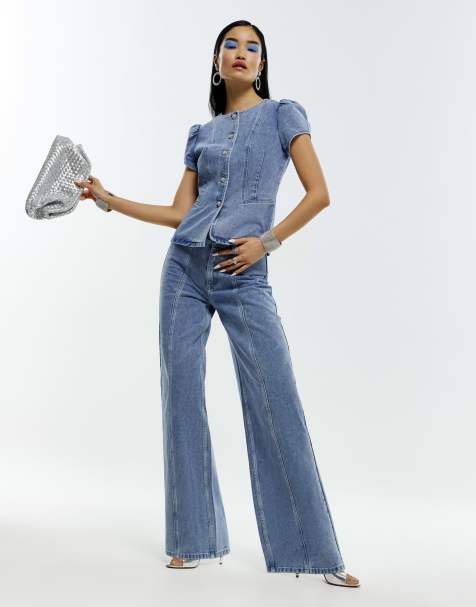 River Island Washed bling button wide leg jeans in denim - medium - view 1