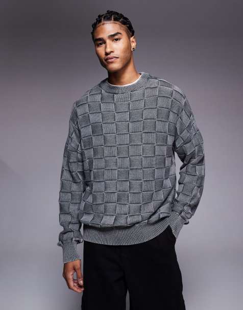 River Island washed checkerboard design crewneck jumper in dark grey - view 1