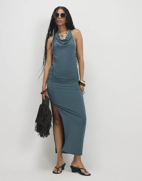 River Island Washed drape side maxi skirt in turquoise - view 1