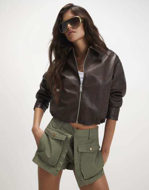 River Island Washed faux leather bomber jacket in brown - view 1