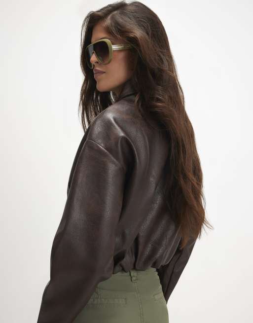 River Island Washed faux leather bomber jacket in brown , 4 of 4