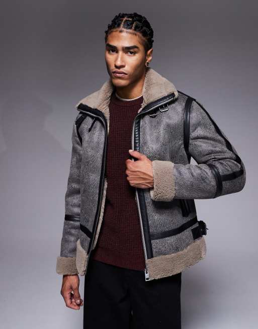 River Island washed pu shearling jacket in black