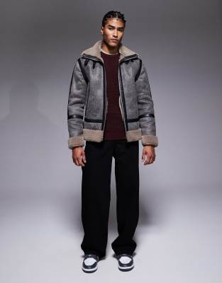 River Island Washed Pu Shearling Jacket In Gray