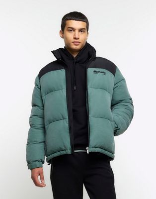 River Island Washed regular fit puffer jacket in green - light