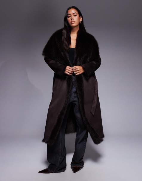 River Island waterfall faux fur coat in dark brown - view 1