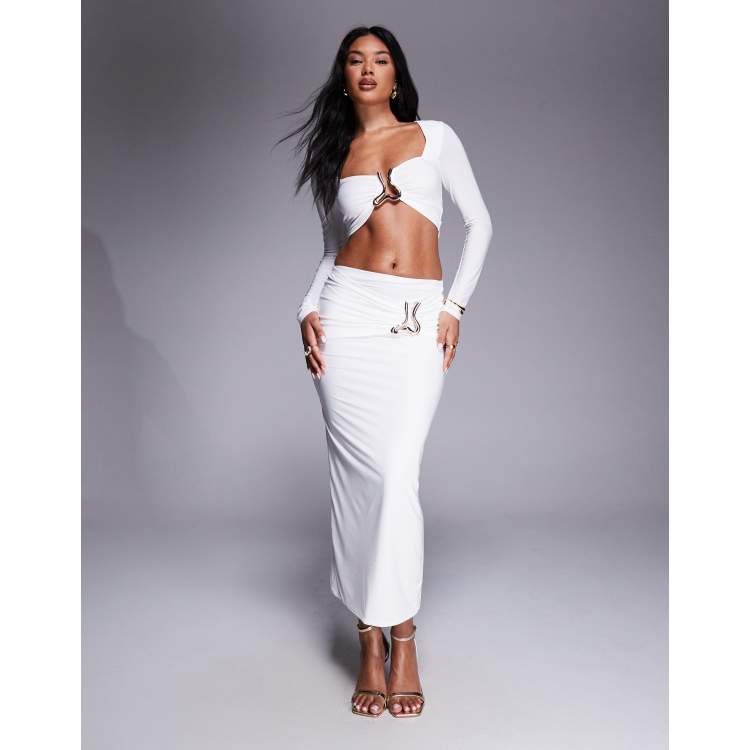 River Island wavy trim ruched midi skirt co-ord in white ASOS