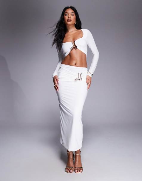 River Island wavy trim ruched midi skirt in white (part of a set) - view 1
