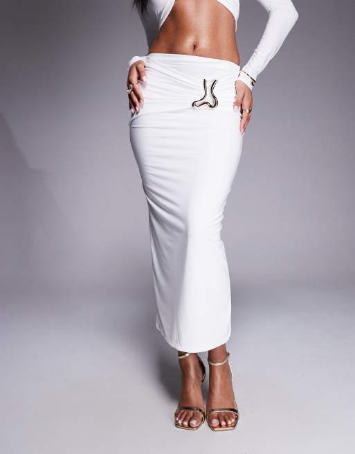 River Island wavy trim ruched midi skirt in white (part of a set), 4 of 5