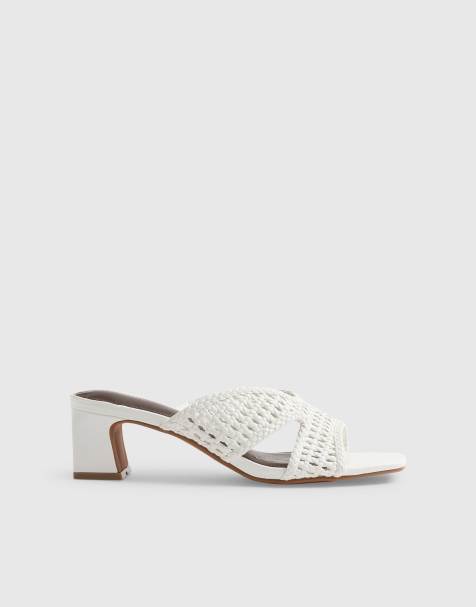 River Island Weave block heel mule sandals in white - view 1