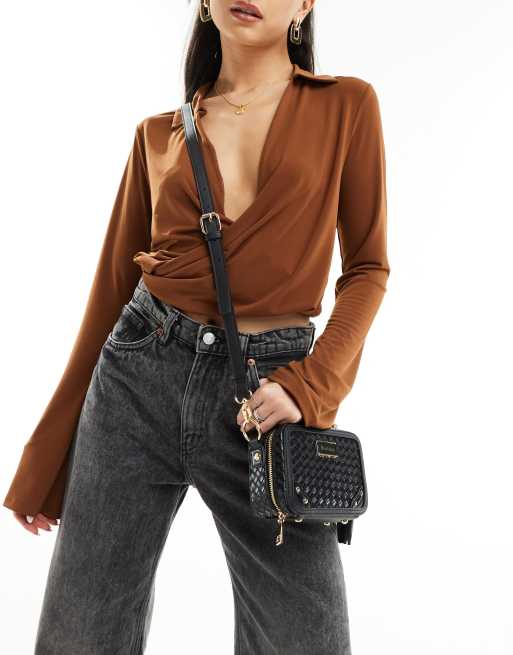 Salvatore Ferragamo Flap Front Belt Bag River Island weave oval cross body bag in black ClassicfuncenterShops