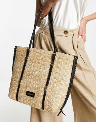 River Island weave shopper bag in beige-Neutral