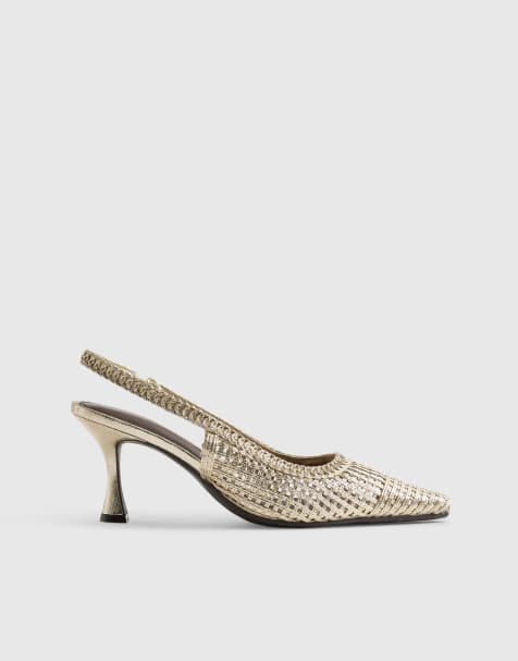 River Island Weave sling back court heels in gold - view 1