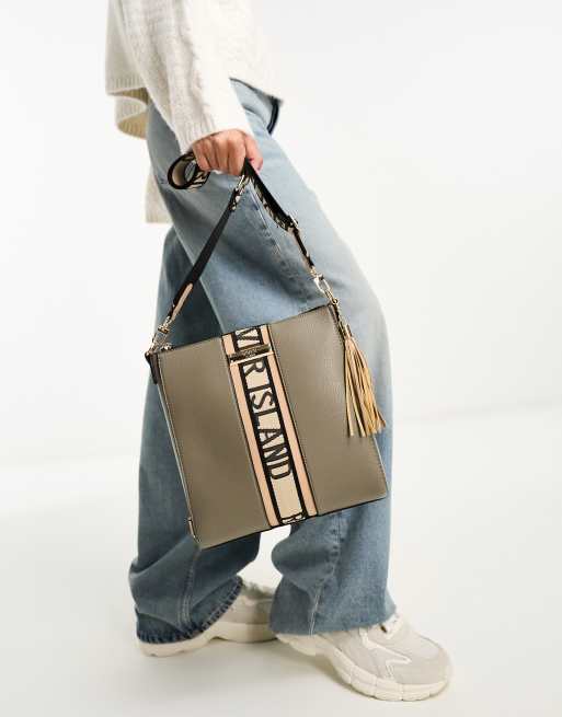 River Island webbing front messenger bag in Khaki ASOS