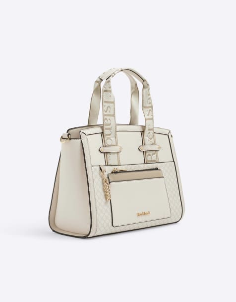 River Island Webbing handle monogram tote bag in cream - view 1