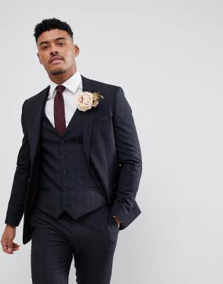 wedding skinny fit check suit jacket in navy