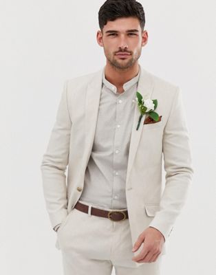River Island wedding skinny linen suit jacket in ecru | ASOS