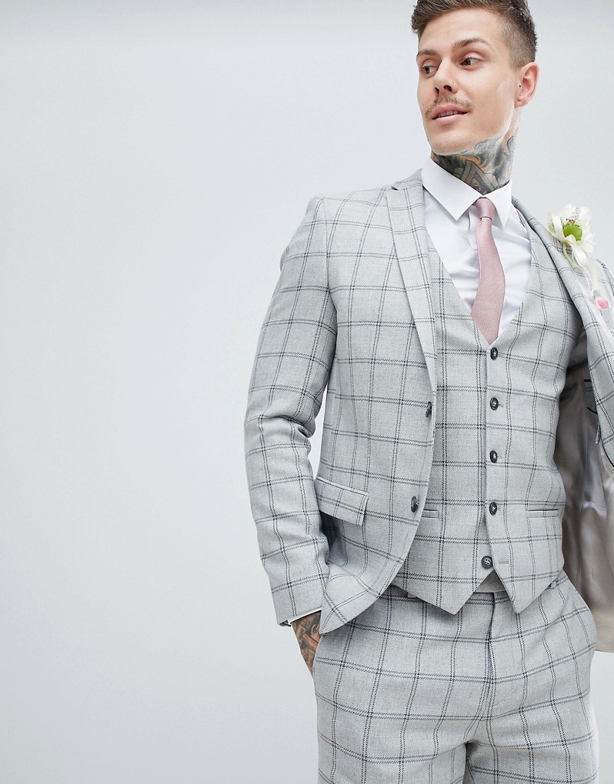 River Island wedding Skinny Suit Jacket In Grey Check