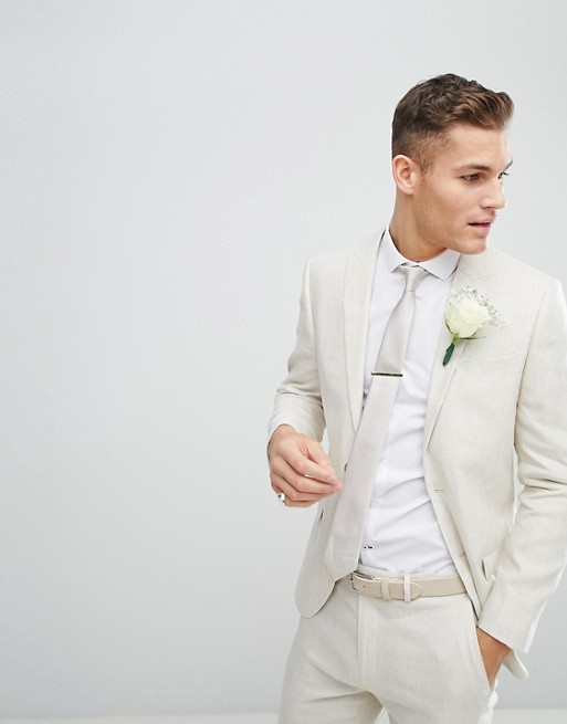 River Island Wedding Slim Fit Linen Suit Jacket In Ecru