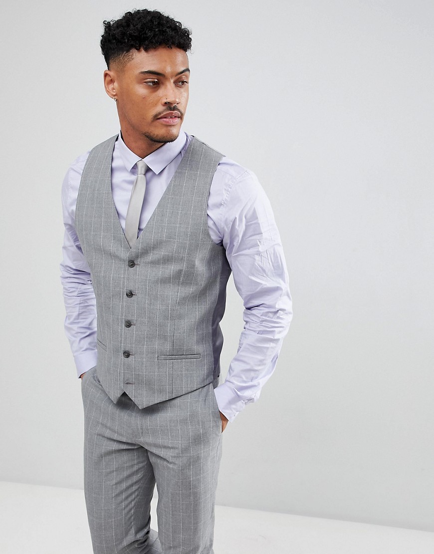 River Island wedding suit vest in gray check-Grey