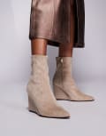 River Island wedge heel boots in beige-Neutral