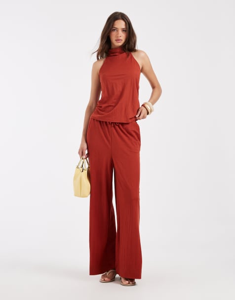River Island – Weit geschnittene Hose in rostroter Leinenoptik - view 1