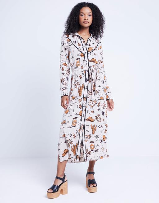 River Island Western belted midi shirt dress in beige - light