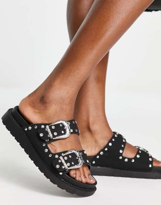 River Island western double buckle flat sandal in black ASOS