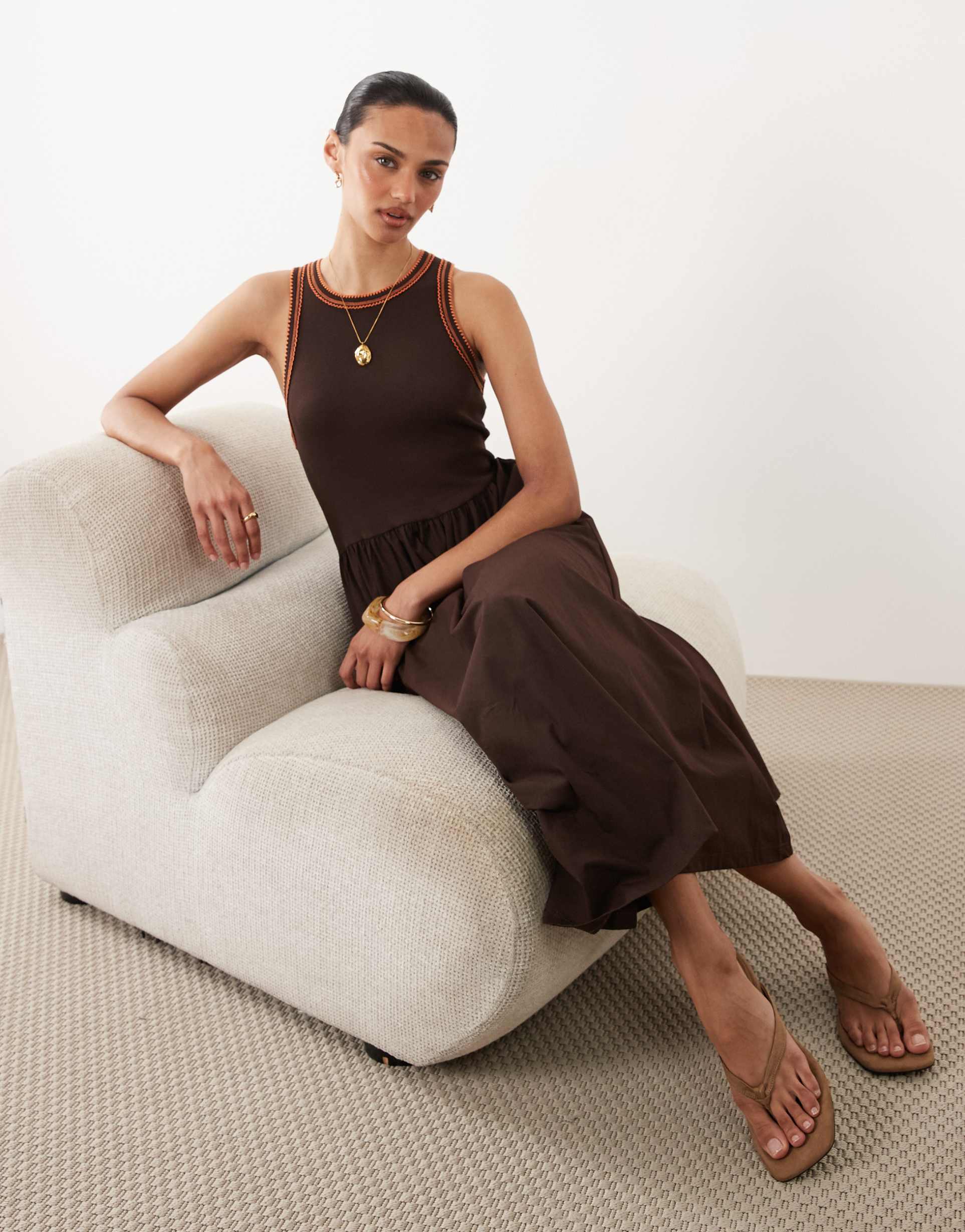 river island whipstitch detailing midi dress in dark brown