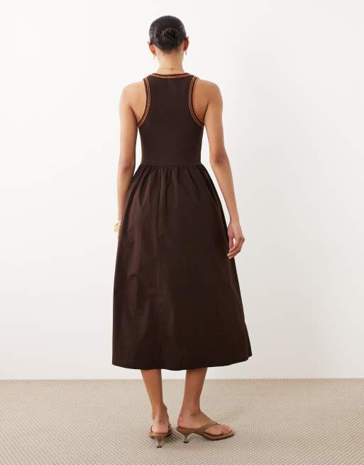 River Island whipstitch detailing midi dress in dark brown, 4 of 4