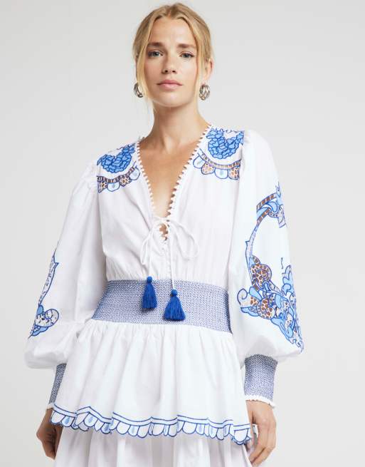 River Island White embroidered cut work swing mini dress in cream | ASOS