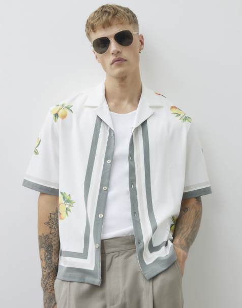 River Island White regular fit lemon print striped shirt in ecru - view 1