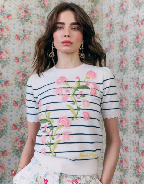 River Island White stripe floral embroidered knit t-shirt in blue - view 1